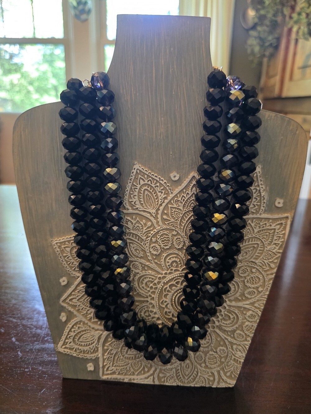 Elegant Black Faceted Bead Triple-Strand Necklace